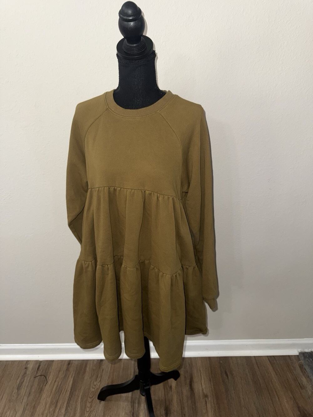 Natural Life Joey Oversized Sweatshirt Dress Army Green XS/S Tiered Long Sleeve